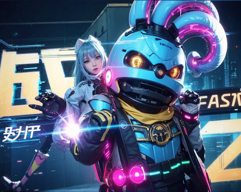 digital painting, cute style, glowing effects in the background, glow effects, anime style, character, cat, мир cyberpunkа, cyberpunk cat, character с лазерной пушкой в цветах cyberpunkа, cyberpunk, neon, blue tones, purple and gold, Gold Elements, the beam is directed towards the viewer
