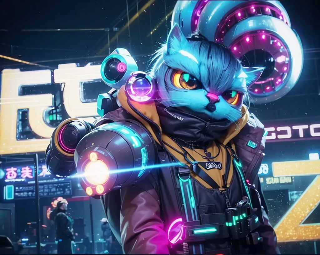 digital painting, cute style, glowing effects in the background, glow effects, anime style, character, cat, мир cyberpunkа, cyberpunk cat, character с лазерной пушкой в цветах cyberpunkа, cyberpunk, neon, blue tones, purple and gold, Gold Elements, the beam is directed towards the viewer