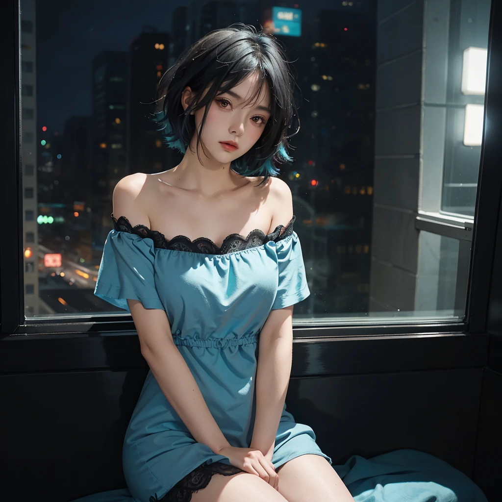 High quality, 16k, 8k, HD, best quality, black and cyan hair color, short hair, perfect face, beautiful, without makeup, restless face, looking out the window, nighttime, midnight, quiet, cyberpunk, nightgown, midnight, feeling uncomfortable, oppai
