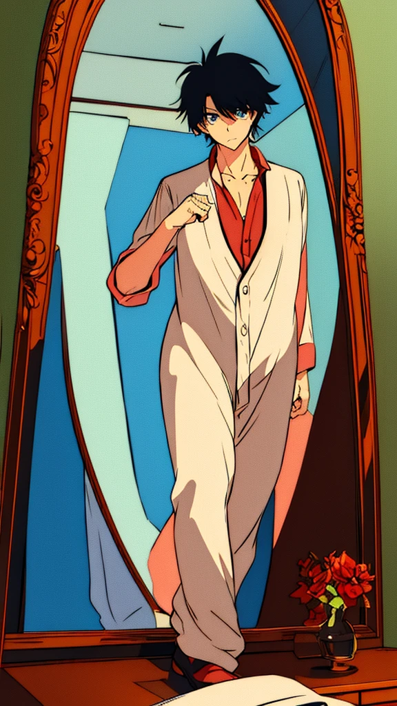 anime style man approaching a mirror conflicted wondering who am I?