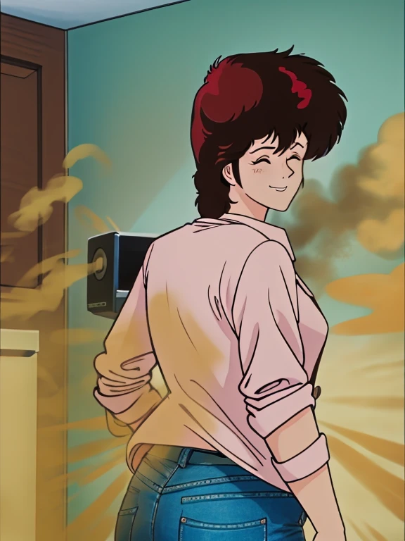 HD, high quality, high resolution, ultrahd,Kaori Makimura, 1female, wearing default outfit, light pink shirt, white coat, wearing coat over tshirt, jeans, default hair, brown hair, very tall body, thin body, massive fart, yellow smoke, velocity, closed eyes, leaning, viewing ass, embarrassed, smiling, clenching teeth, alone in a room, beautiful lighting, highlights