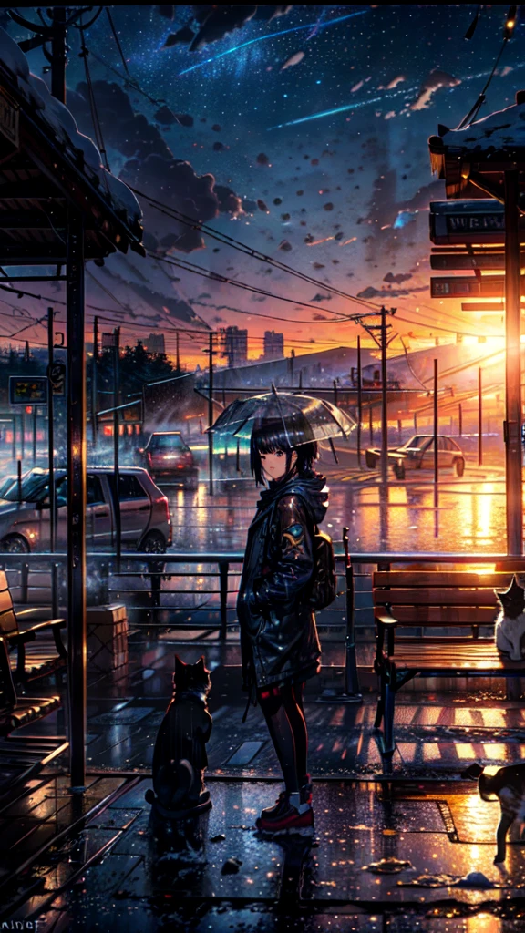 masterpiece, concept art, bus station in the rain at night, a detailed matte painting, by Makoto Shinkai, featured on pixiv, photorealism, night starry sky full of cats, watching the sun set. anime, wlop hdr, from arknights, wide-screen, white snow, ( ( thomas kinkade ) ), art station, 'the end, very long