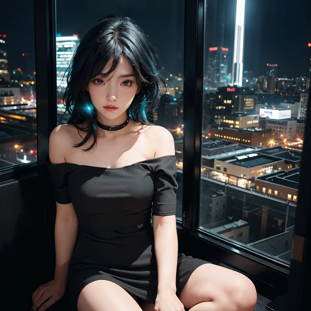 ((High quality, 8k, perfect quality, realistic)), beautiful, perfect face, looking out the window, night, ((dark room)), Before bed, restless, Short dress, looking at the window, city night view, color black and cyan hair, night city, ((lights off)), facing the audience