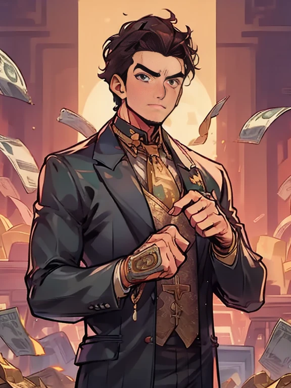 an outsider in a suit, Surrounded by flurry of dollar bills, and gold bars, gold coins,
