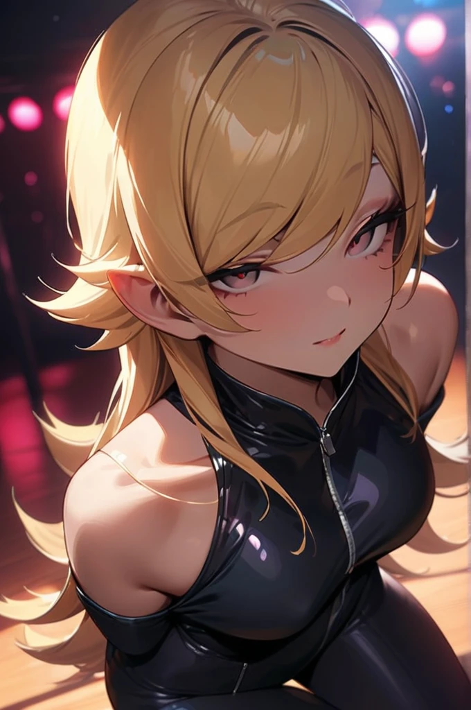 ((Best quality)), ((masterpiece)), (detailed), ((masterpiece)), ((high quality)), solo, oshino shinobu, blonde hair, (((seductive look))), , unzip suit, look at viewer, in the night club, sexy, erotic