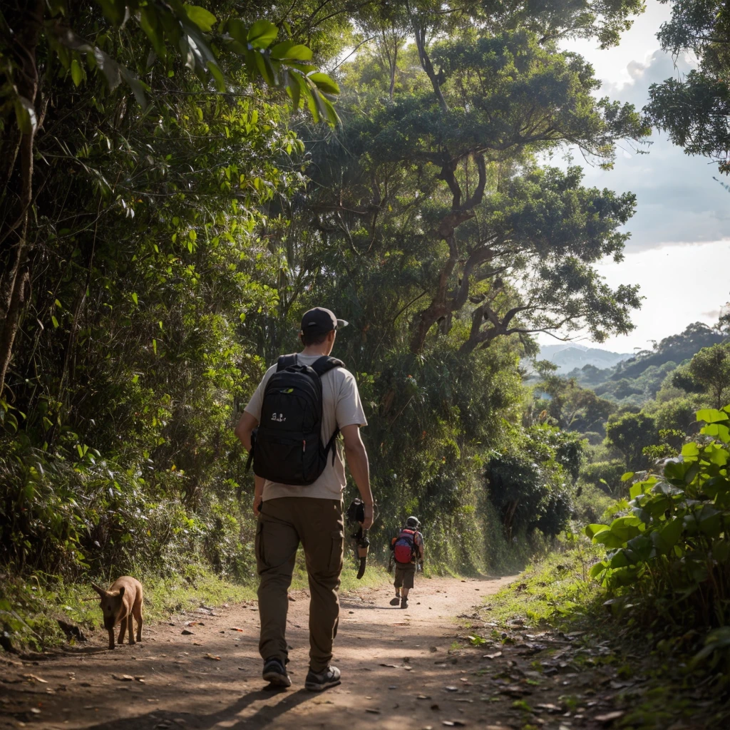 Cena de apocalipse zumbi, Camera looking up from the bottom, a single adult man with backpack on his back, sobrevivencialista, accompanied by a small dog walk towards a tropical forest, final de tarde. There are strange mushrooms on the ground behind the man