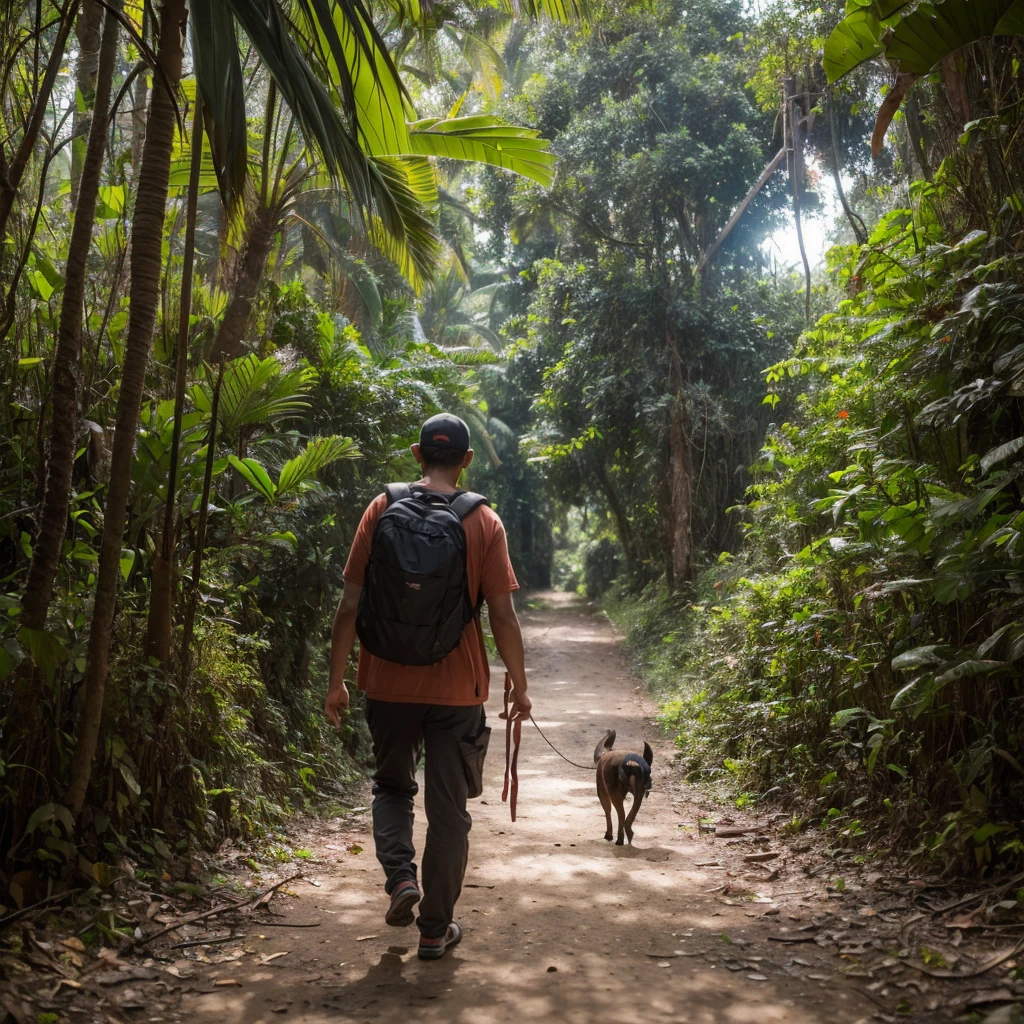 Cena de apocalipse zumbi, Camera looking up from the bottom, a single adult man with backpack on his back, sobrevivencialista, accompanied by a small dog walk towards a tropical forest, final de tarde. There are strange mushrooms on the ground behind the man