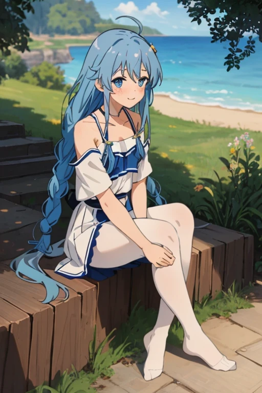 (masterpiece, best quality), music, 1 girl, solitary, Smile, blush, Double braid, long hair, Blue Hair, garlic,  blue eyes, camisole，mini skirt，White pantyhose，Small Breasts, Everlasting,  looking at the audience,Sitting on the steps，Those who don't wear shoes，