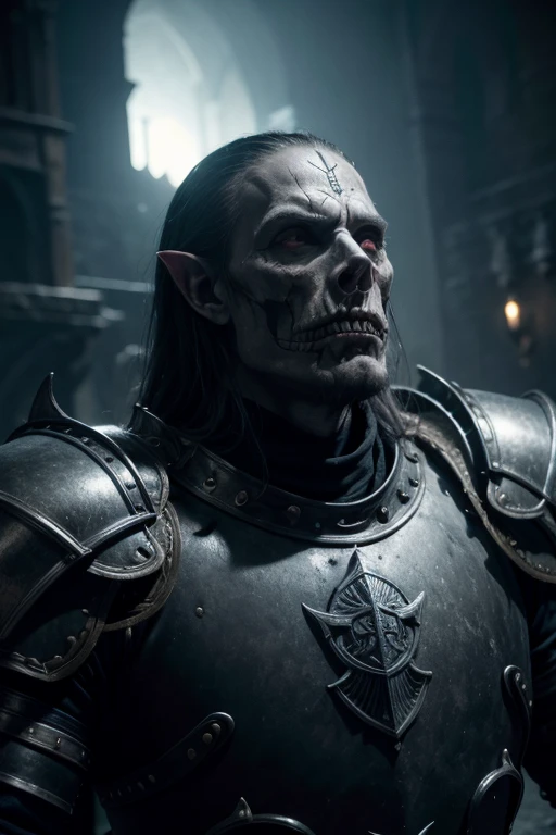 a heavily armored medieval knight, full plate armor, Nosferatu vampire, grotesque deformed face, dark gothic castle, dramatic chiaroscuro lighting, moody atmosphere, cinematic angle, (best quality,4k,8k,highres,masterpiece:1.2),ultra-detailed,(realistic,photorealistic,photo-realistic:1.37),unreal engine,dramatic shadows,dramatic highlights,moody colors,cinematic composition