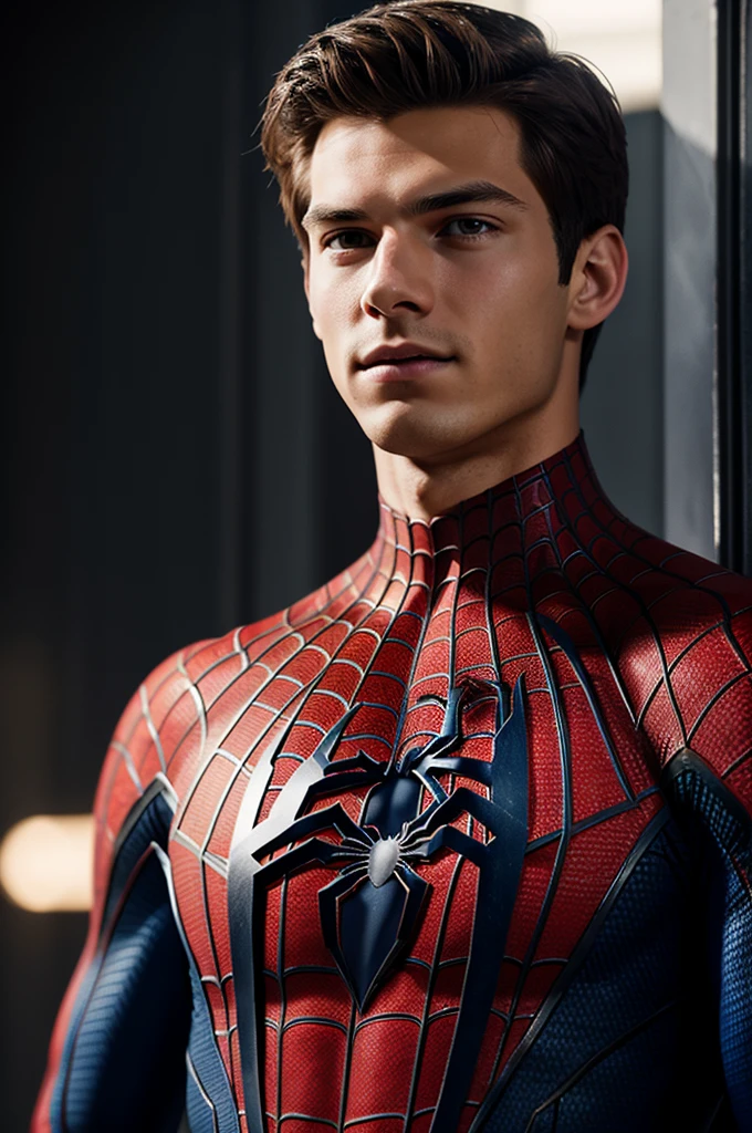 A photograph of spider man, no mask, 20 yo, handsome, detailed face, looking at camera, portrait, 8k uhd, high quality