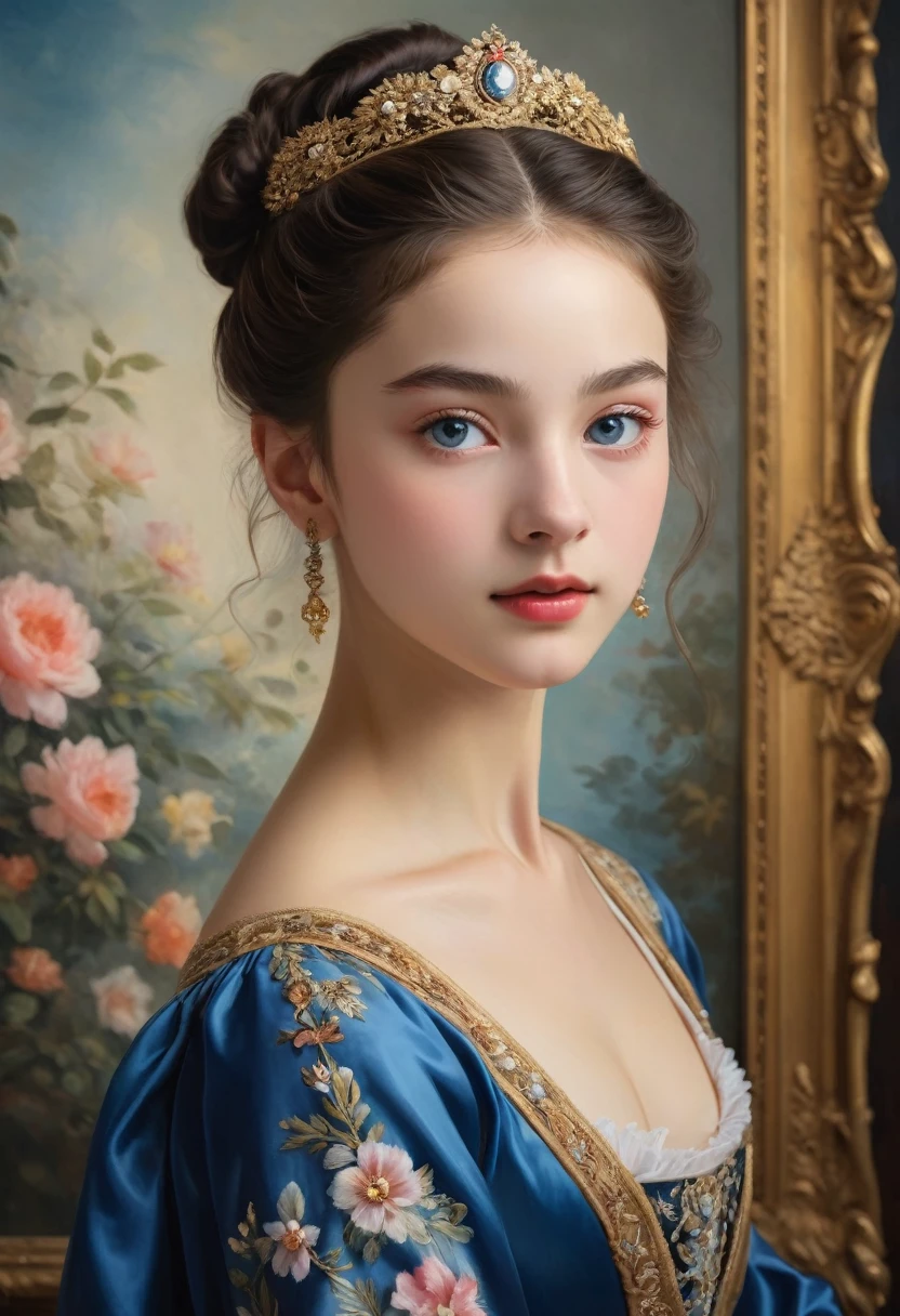 (highres,masterpiece:1.2),(realistic:1.37)"(best quality, highres, ultra-detailed, realistic),beautiful 19th-century portrait of a 16-year-old French ballet dancer, (She is half French and half Japanese, and is a stunning beauty with dark blue eyes and a high nose:1.1), elaborate ballet costume, detailed facial features, long graceful neck, flowing locks of hair, poised and elegant posture, soft and delicate lighting, classic oil painting medium, vibrant colors, subtle background with floral motifs", dreamy atmosphere, Surrealism,mystical aura
