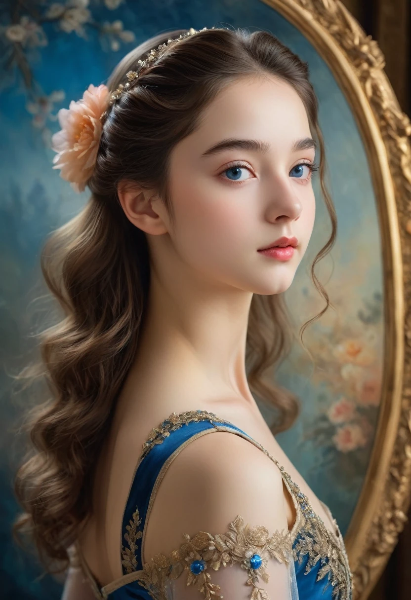 (highres,masterpiece:1.2),(realistic:1.37)"(best quality, highres, ultra-detailed, realistic),beautiful 19th-century portrait of a 16-year-old French ballet dancer, (She is half French and half Japanese, and is a stunning beauty with dark blue eyes and a high nose:1.1), elaborate ballet costume, detailed facial features, long graceful neck, flowing locks of hair, poised and elegant posture, soft and delicate lighting, classic oil painting medium, vibrant colors, subtle background with floral motifs", dreamy atmosphere, Surrealism,mystical aura