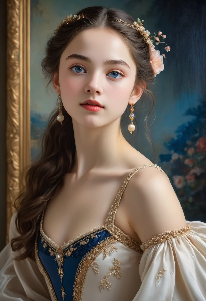 (highres,masterpiece:1.2),(realistic:1.37)"(best quality, highres, ultra-detailed, realistic),beautiful 19th-century portrait of a 16-year-old French ballet dancer, (She is half French and half Japanese, and is a stunning beauty with dark blue eyes and a high nose:1.1), elaborate ballet costume, detailed facial features, long graceful neck, flowing locks of hair, poised and elegant posture, soft and delicate lighting, classic oil painting medium, vibrant colors, subtle background with floral motifs", dreamy atmosphere, Surrealism,mystical aura