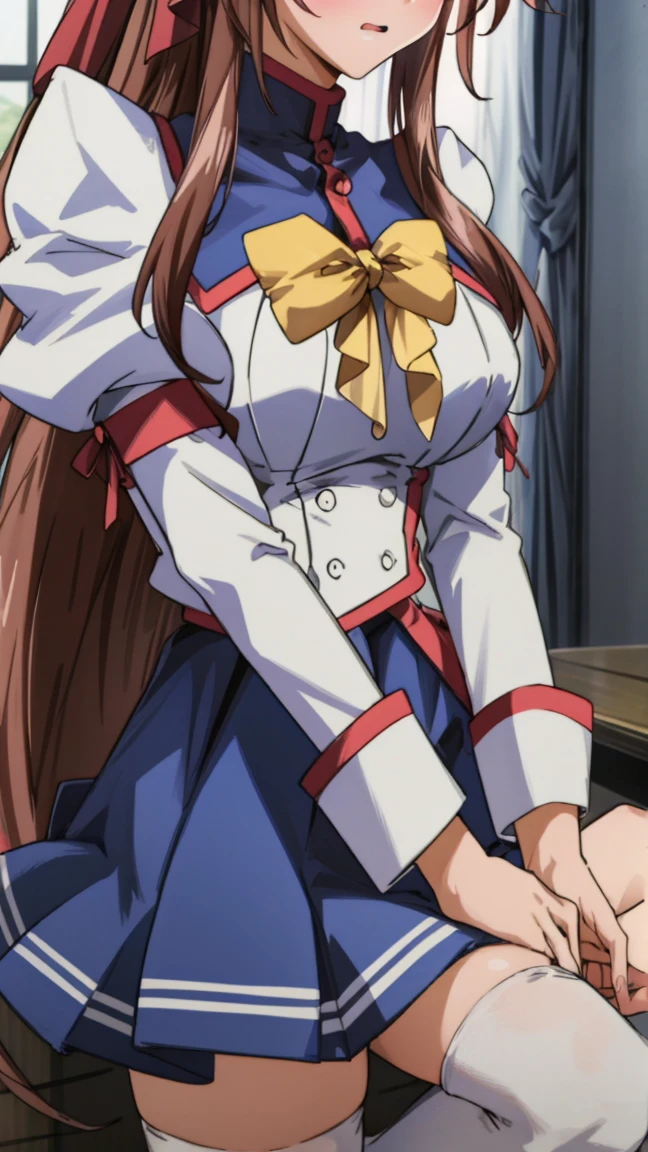 Aoikan, One girl, alone, Hair Ribbon, , Long sleeve, bow tie, Blue Skirt, White knee socks, View Viewer, Embarrassed face、、Handjob