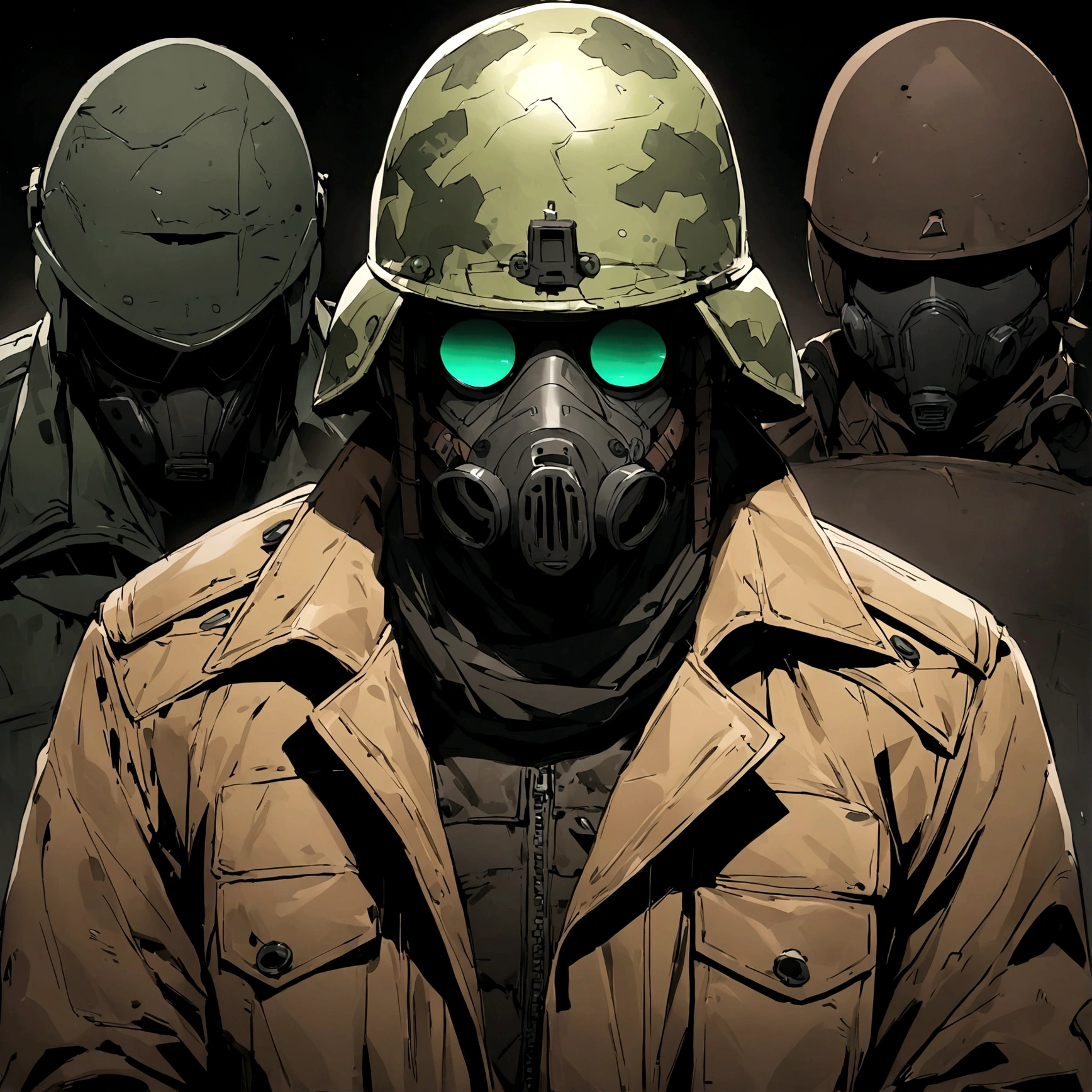 (masterpiece), best quality, faceless, hidden face, soldier, full face mask, green lenses, Male, Green Tactical helmet, black M50 gasmask, brown leather fur lined duster coat, green tactical vest, black pants. green lenses, Brown coat, Dark brown coat, leather coat, Faceless, hidden face, cool, post apocalyptic soldier, brown coat, Flecktarn camouflage vest, Flecktarn helmet camouflage, upper body, dark brown leather coat, solo, fur lined coat, overcoat, leather overcoat, portrait, green lenses, Sci-fi soldier, post apocalyptic cyberpunk