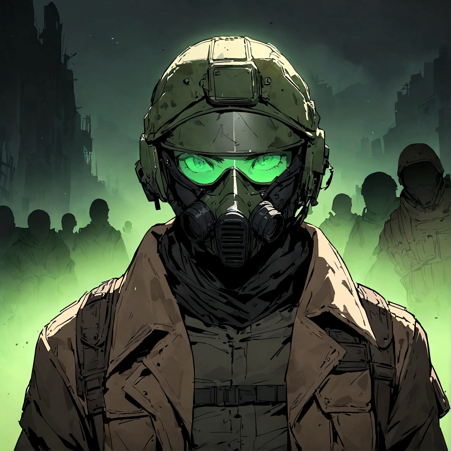(masterpiece), best quality, faceless, hidden face, soldier, full face mask, green lenses, Male, Green Tactical helmet, black M50 gasmask, brown leather fur lined duster coat, green tactical vest, black pants. green lenses, Brown coat, Dark brown coat, leather coat, Faceless, hidden face, cool, post apocalyptic soldier, brown coat, Flecktarn camouflage vest, Flecktarn helmet camouflage, upper body, dark brown leather coat, solo, fur lined coat, overcoat, leather overcoat, portrait, green lenses, Sci-fi soldier, post apocalyptic cyberpunk