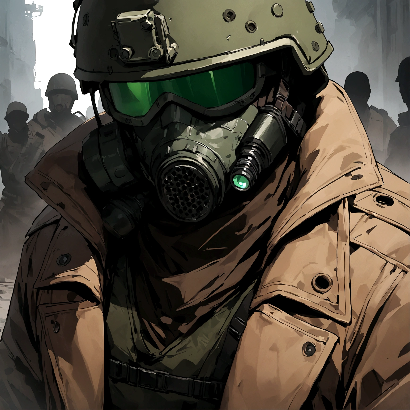 (masterpiece), best quality, faceless, hidden face, soldier, full face mask, green lenses, Male, Green Tactical helmet, black M50 gasmask, brown leather fur lined duster coat, green tactical vest, black pants. green lenses, Brown coat, Dark brown coat, leather coat, Faceless, hidden face, cool, post apocalyptic soldier, brown coat, Flecktarn camouflage vest, Flecktarn helmet camouflage, upper body, dark brown leather coat, solo, fur lined coat, overcoat, leather overcoat, portrait, green lenses, Sci-fi soldier, post apocalyptic cyberpunk