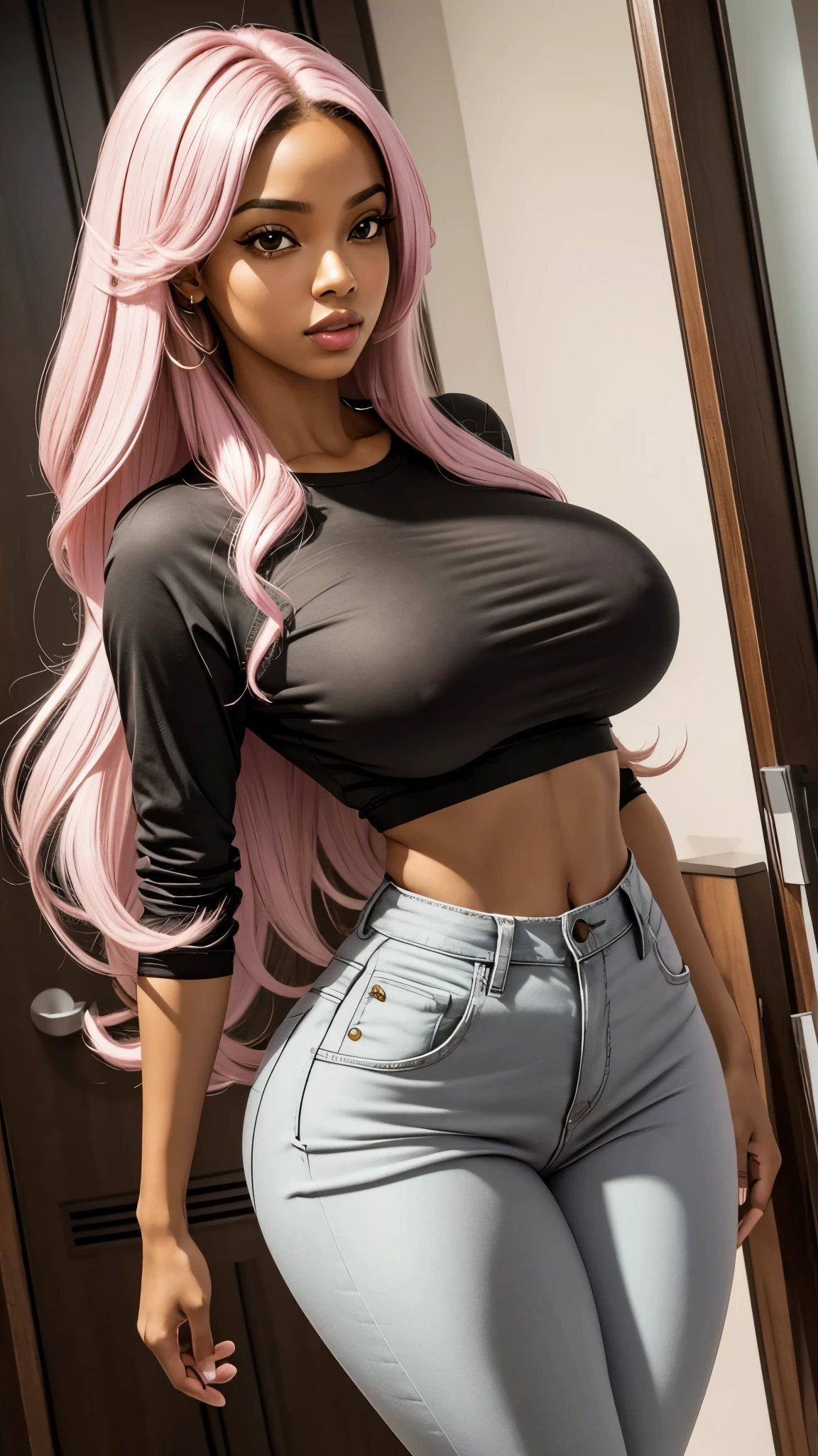 Brazilian ebony girl, super tight pink jeans, gray blouse. yellow long hair. busty. Most beautiful woman in the world
