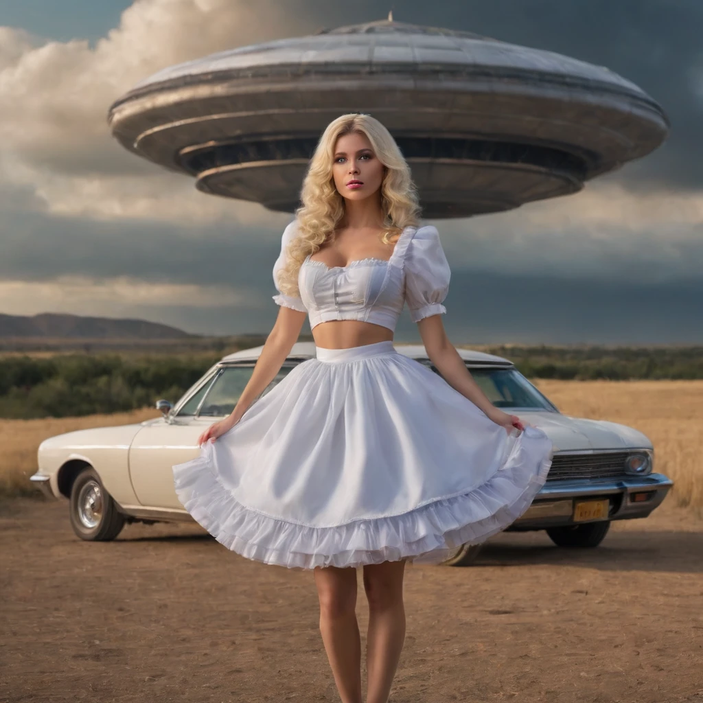 (full body:1.5), best quality, highres, ultra-detailed, professional, photorealistic, 8k, (Obra maestra, Mejor calidad:1.2), (fullbody photograph 1:2), photograph of a man is abducted by a UFO at the field at night. He levitates in the air. He is shocked and scared. He wears a short skirt and frilly . He wears a puffy pess dress. Full body angle shot. Focused scene, princess makeup, long blonde hair, rococo hairstyle, giant wig, puffy skirtrly hair with a bun, heeled shoes, focused face, legs raised in the air. Face without hair. High resolution image, 4k. Above there is a big UFO. Behind there is a car with the hood up.