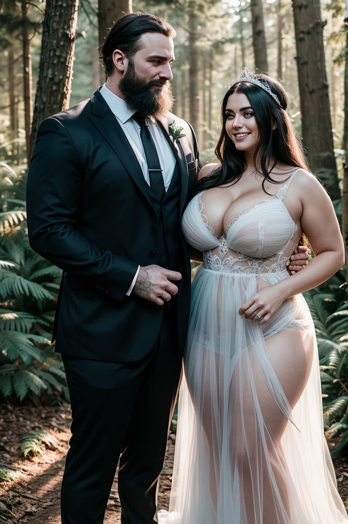 Hyperrealistic, Beautiful happy (couple), (2 people), 1 woman and 1 man, {young {european woman}, voluptuous, dark blonde medium long hair, curvy body, (((transparent tulle dress))), (wedding dress) , (big breasts:1.1), visible breasts, large nipples, ((breasts bursting out)), (sexy smile)}. {{scandinavian type} man, 35 years old, masculine, bearded, large black beard, black hair, wide chest, {dark blue wedding suit}}. (DETAILED), (masterpiece), high quality, digitalart, (standing in the forest in afternoon), detailed skin, ((extreme detail)), 