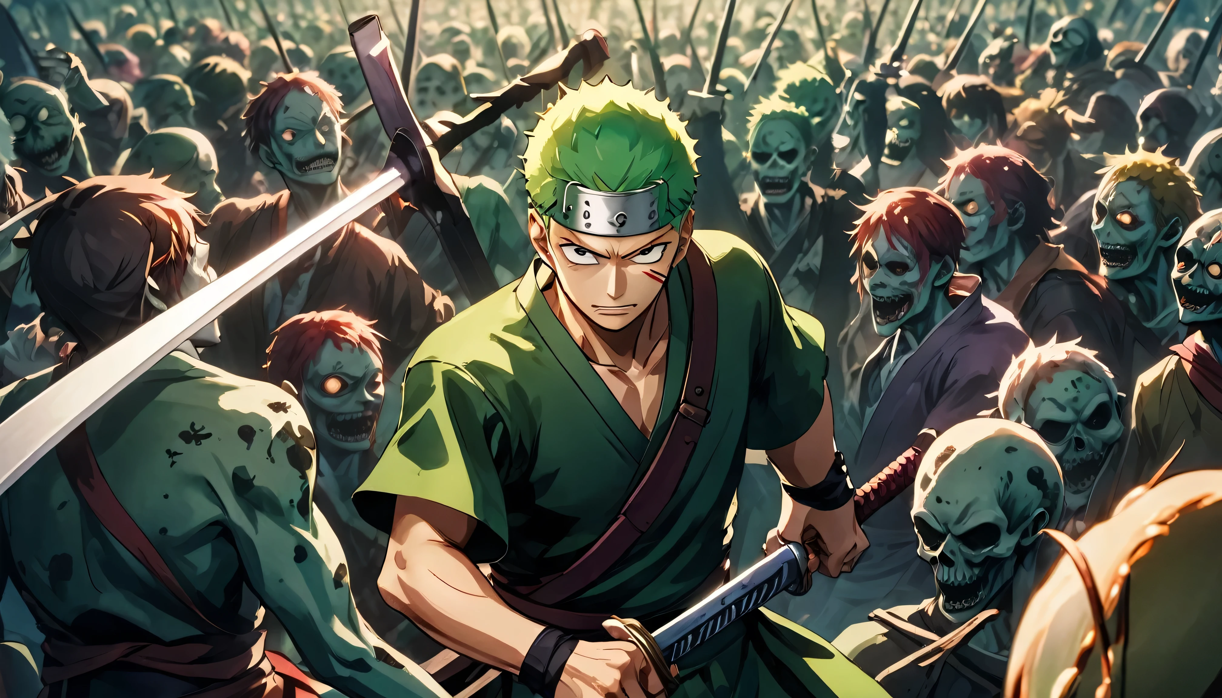 Close-up of a person holding a sword in front of a horde of zombies, roronoa zoro, Amazing Anime 8K, 4K Manga Wallpapers, Best Anime 4K Konachan Wallpaper, Spectacular artwork of anime, Handsome men from Demon Slayer, Demon Slayer Art Style, anime art wallpaper 4k, anime art wallpaper 4k, anime wallpaper 4k