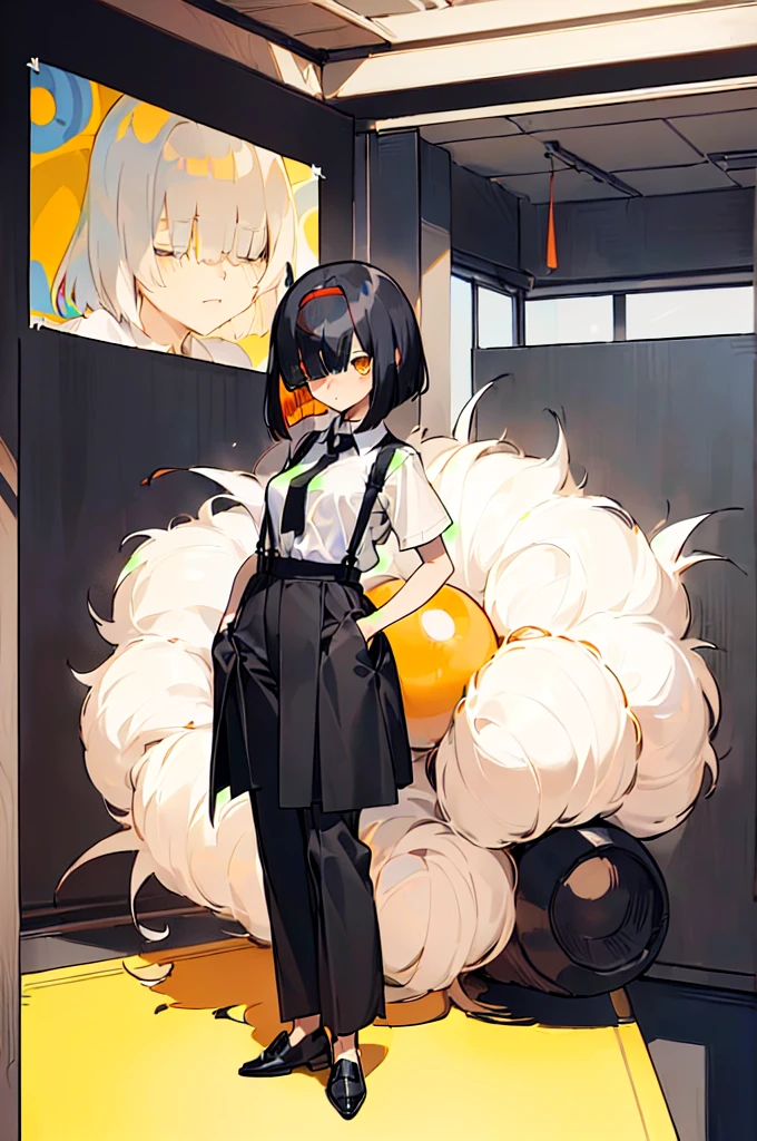 (((shy girl))), ((((shy posture)))), (((1 Girl))), (((standing up))), (((full body))), (((amber-colored irises))), ((flat chested)), ((((Urabe Mikoto Mysterious Girlfriend X anime style haircut)))), ((((((((hair bangs over eyes)))))))), ((((eyes hiding behind hair)))), (((short messy bob-cut))), (((eyes not visible due to being covered by hair))), ((eyes not visible due to be hidden by hair bangs)), ((((black high-waist long slacks)))), ((black suspenders)), (((black tie))), (((women's dress shirt))), ((women's dress shoes)), (((20-year-old Office Lady))), ((((Office Setting))).