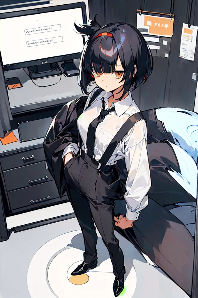 (((shy girl))), ((((shy posture)))), (((1 Girl))), (((standing up))), (((full body))), (((amber-colored irises))), ((flat chested)), ((((Urabe Mikoto Mysterious Girlfriend X anime style haircut)))), ((((((((hair bangs over eyes)))))))), ((((eyes hiding behind hair)))), (((short messy bob-cut))), (((eyes not visible due to being covered by hair))), ((eyes not visible due to be hidden by hair bangs)), ((((black high-waist long slacks)))), ((black suspenders)), (((black tie))), (((women's dress shirt))), ((women's dress shoes)), (((20-year-old Office Lady))), ((((Office Setting))).