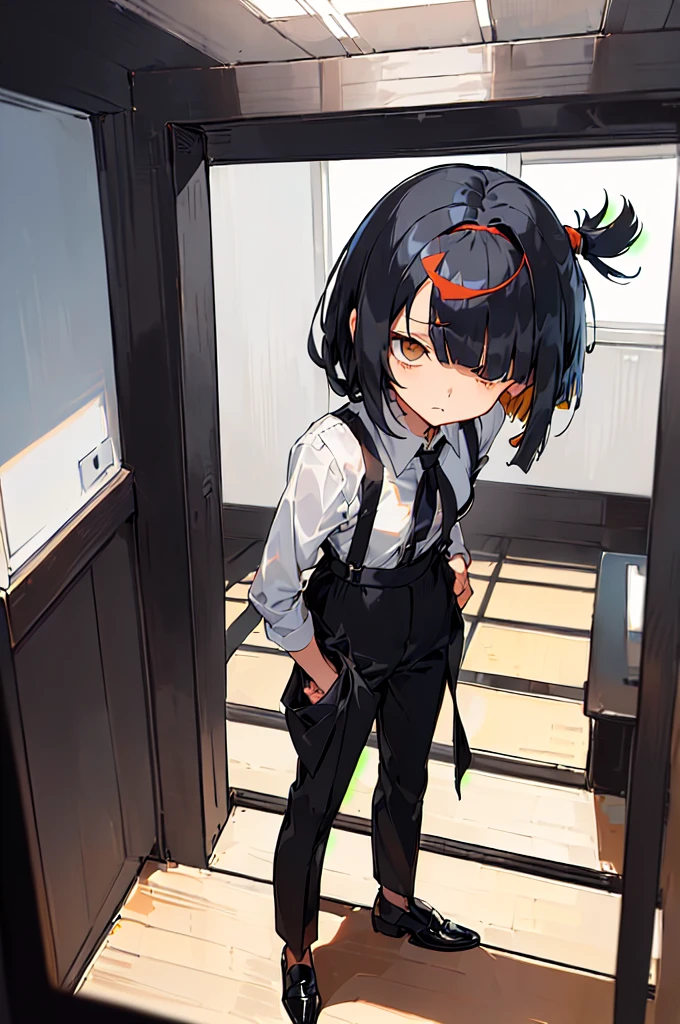 (((shy girl))), ((((shy posture)))), (((1 Girl))), (((standing up))), (((full body))), (((amber-colored irises))), ((flat chested)), ((((Urabe Mikoto Mysterious Girlfriend X anime style haircut)))), ((((((((hair bangs over eyes)))))))), ((((eyes hiding behind hair)))), (((short messy bob-cut))), (((eyes not visible due to being covered by hair))), ((eyes not visible due to be hidden by hair bangs)), ((((black high-waist long slacks)))), ((black suspenders)), (((black tie))), (((women's dress shirt))), ((women's dress shoes)), (((20-year-old Office Lady))), ((((Office Setting))).