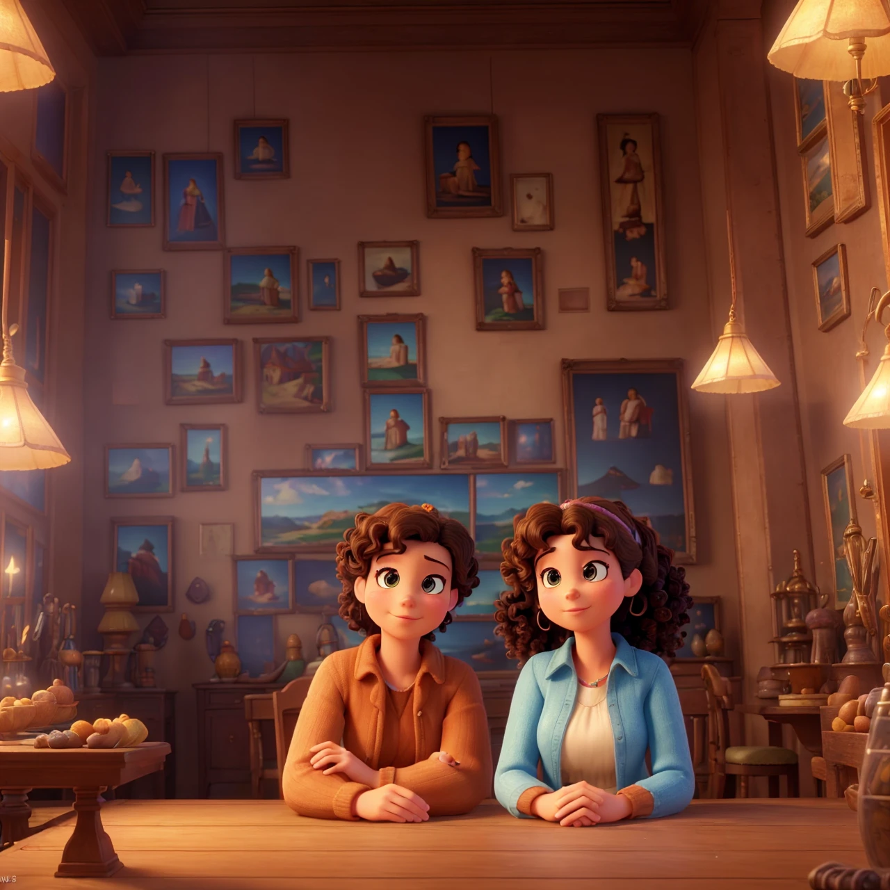 (best quality,4k,8k,highres,masterpiece:1.2),ultra-detailed,(realistic,photorealistic,photo-realistic:1.37),disney style 3D cartoon, Man мужчина, woman, age 34 years, in an antique shop, dark curly hair, sitting on chairs, detailed interior, warm lighting, cozy atmosphere, intricate details, vibrant colors, soft focus, cinematic composition