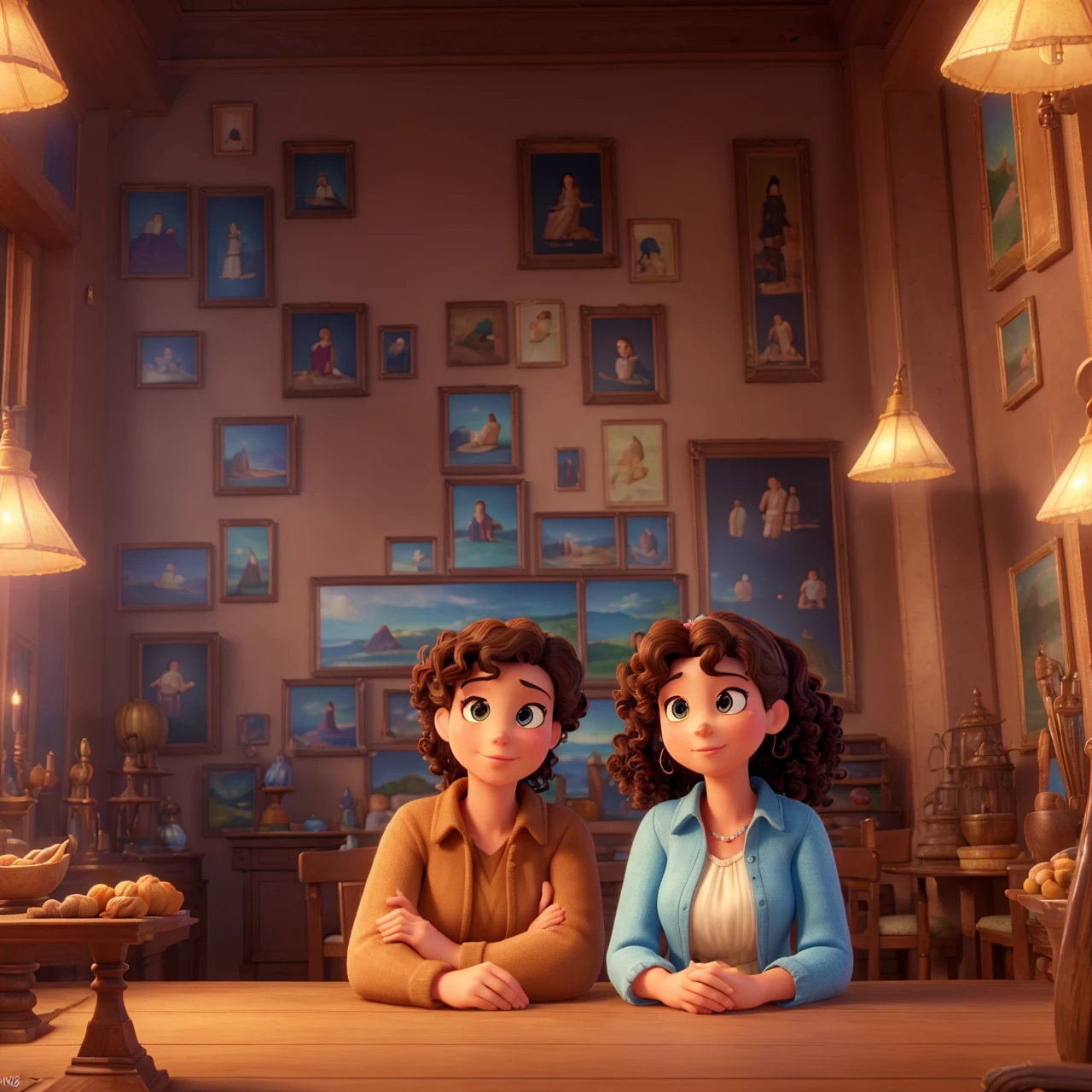 (best quality,4k,8k,highres,masterpiece:1.2),ultra-detailed,(realistic,photorealistic,photo-realistic:1.37),disney style 3D cartoon, Man мужчина, woman, age 34 years, in an antique shop, dark curly hair, sitting on chairs, detailed interior, warm lighting, cozy atmosphere, intricate details, vibrant colors, soft focus, cinematic composition