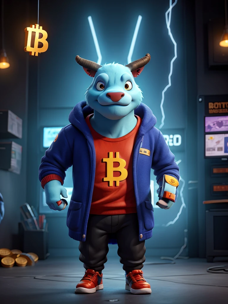 Cyber bull holding bitcoin in his hand