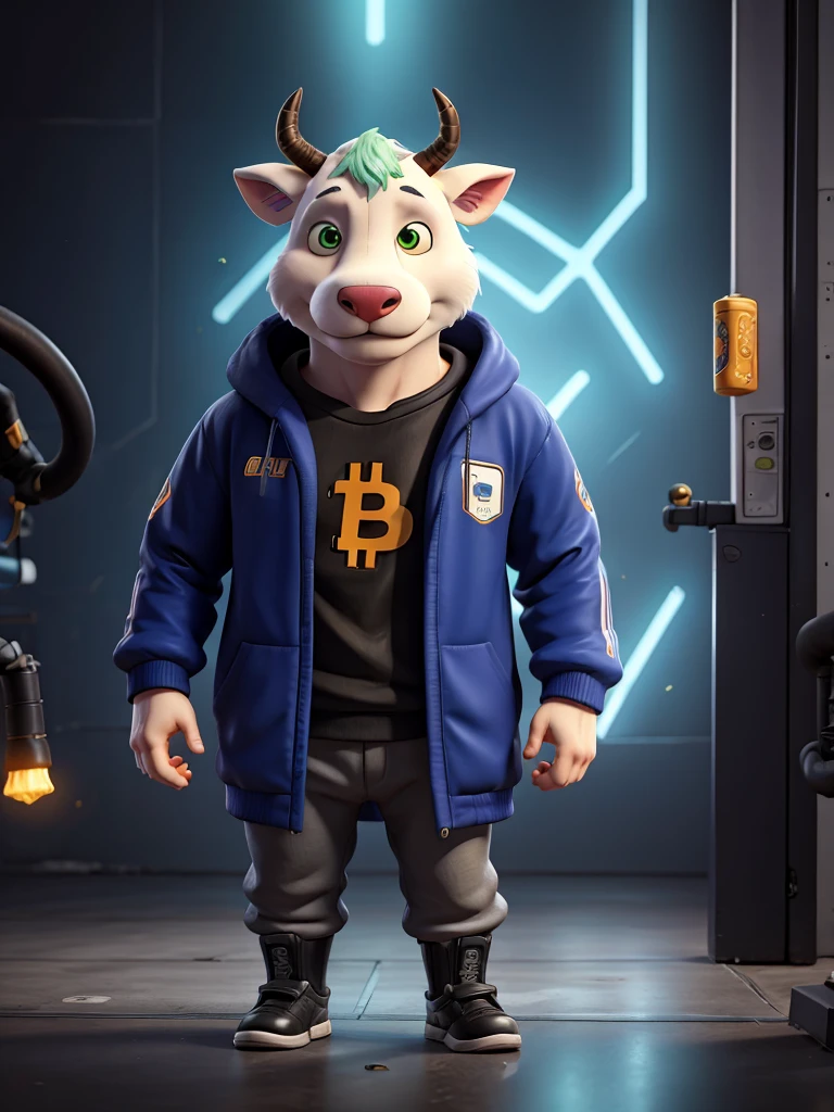 Cyber bull holding bitcoin in his hand