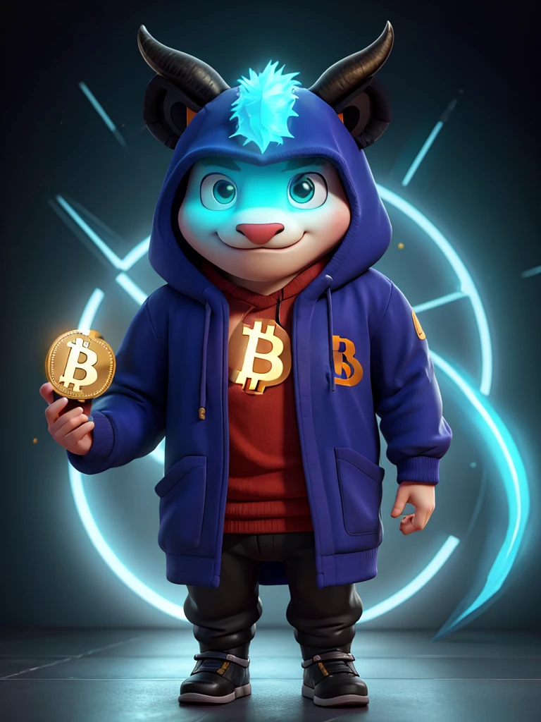 Cyber bull holding bitcoin in his hand