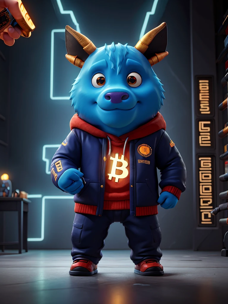 Cyber bull holding bitcoin in his hand