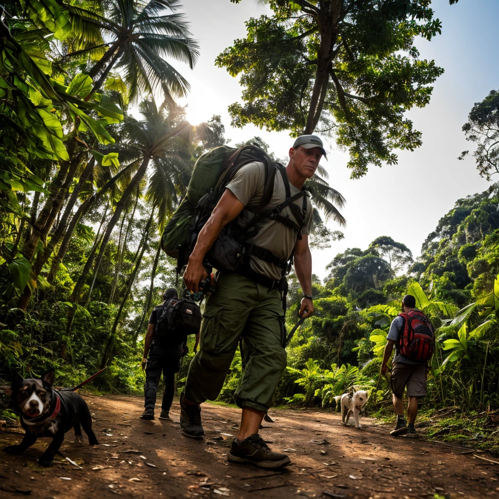 Cena de apocalipse zumbi, Camera looking up from the bottom, um homem adulto com mochila nas costas, sobrevivencialista, accompanied by a small dog walk towards a tropical forest, final de tarde. There are strange mushrooms on the ground behind the man.