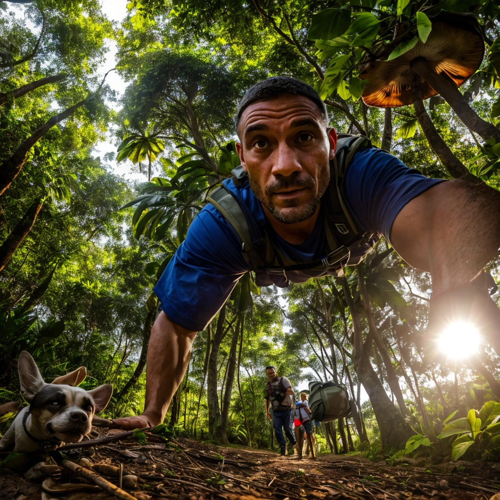 Cena de apocalipse zumbi, Camera looking up from the bottom, um homem adulto com mochila nas costas, sobrevivencialista, accompanied by a small dog walk towards a tropical forest, final de tarde. There are strange mushrooms on the ground behind the man.