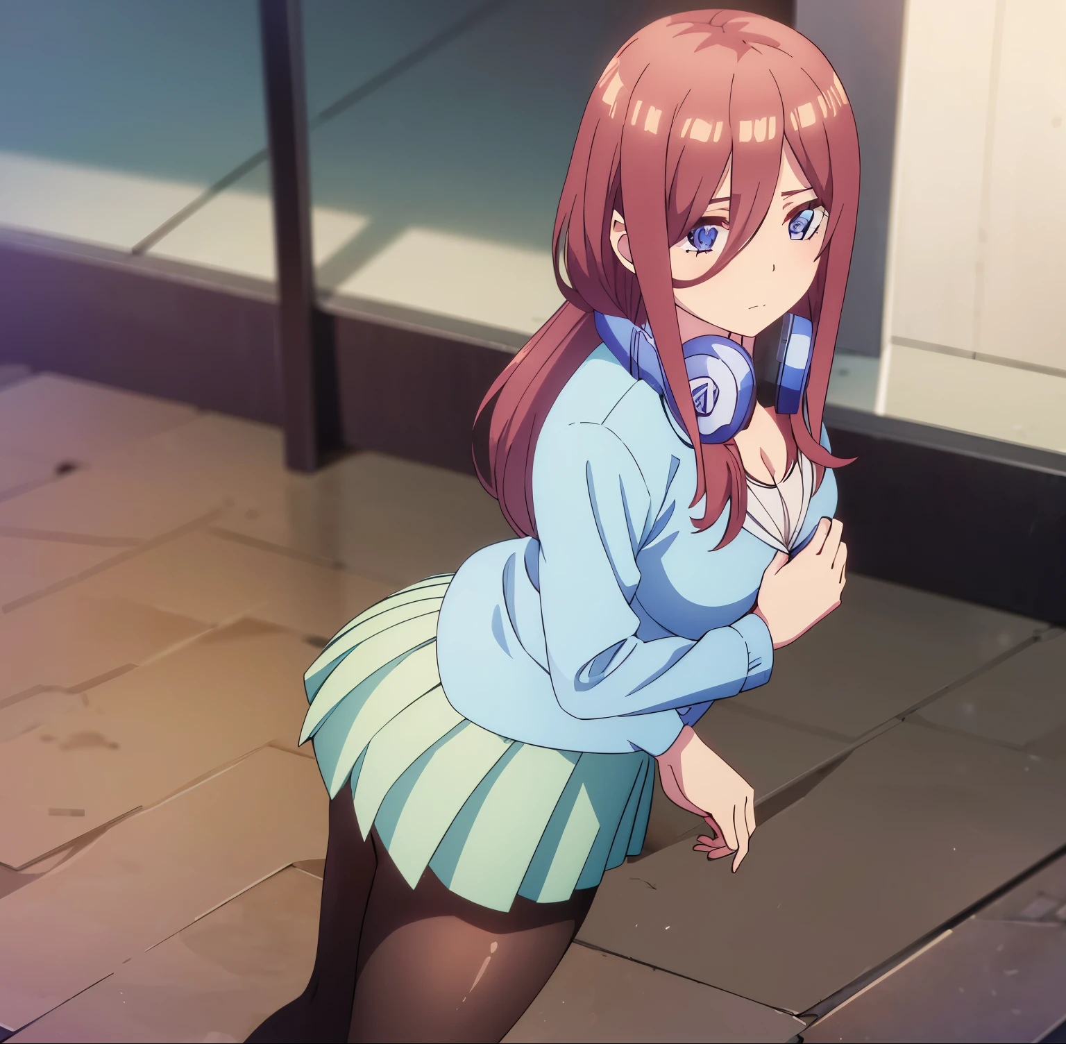 1 girl, alone, miku nakano, headphones around the neck, blue headphones, white shirt, long sleeves, cleavage, light green skirt, pleated, short skirt, black pantyhose, black heels, alone, brown hair, blue eyes, long hair, hair between eyes, blue eyes, detailed eyes, closed mouth, looking at viewer, bangs, standing, dynamic posture, curvy body, , large breasts, medium waist, wide hips, wide thighs, round butt, exterior, Japanese school , yard, looking back, from behind, focus on ass, pov (from below), standing, best quality, ultra detailed, masterpiece, perfect anatomy, perfect hands