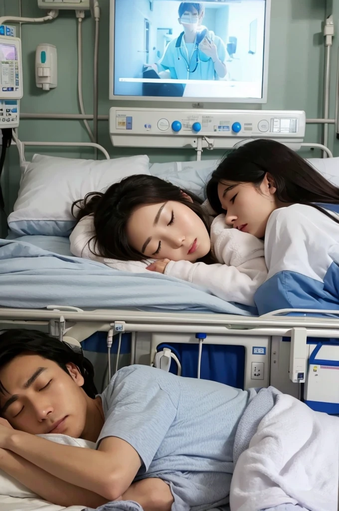 Young couple、She sleeps in a hospital bed、Boyfriend watching over
