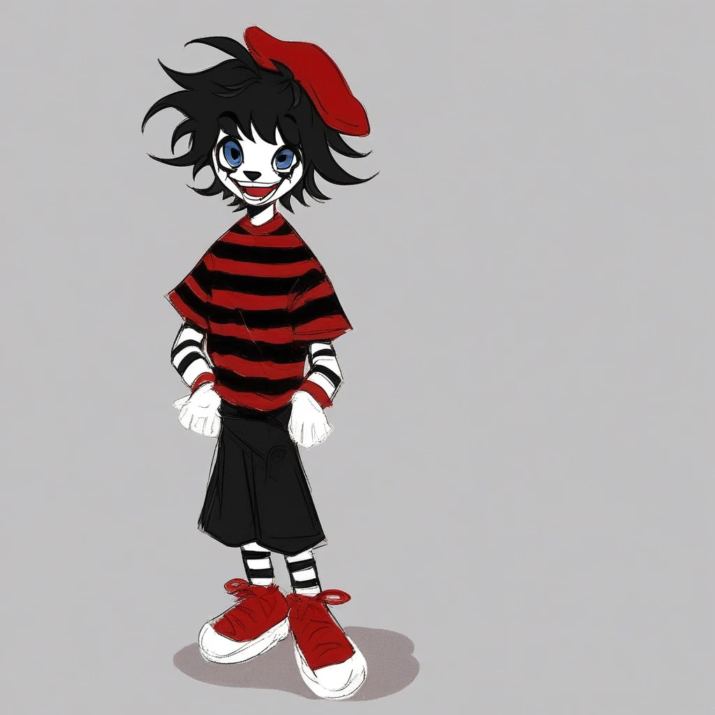 adult tall male mime, shirt grunge, sketchy lines, messy hair, black hair, wearing a beret, score_8_up, score_9_up,happy, has mime makeup on, wearing a mime outfit, dark blue eyes, performing on the streets of paris, showing full body, on a city street, solo, alone, (SOLO)(ALONE) Dancing, arms out, hands open
