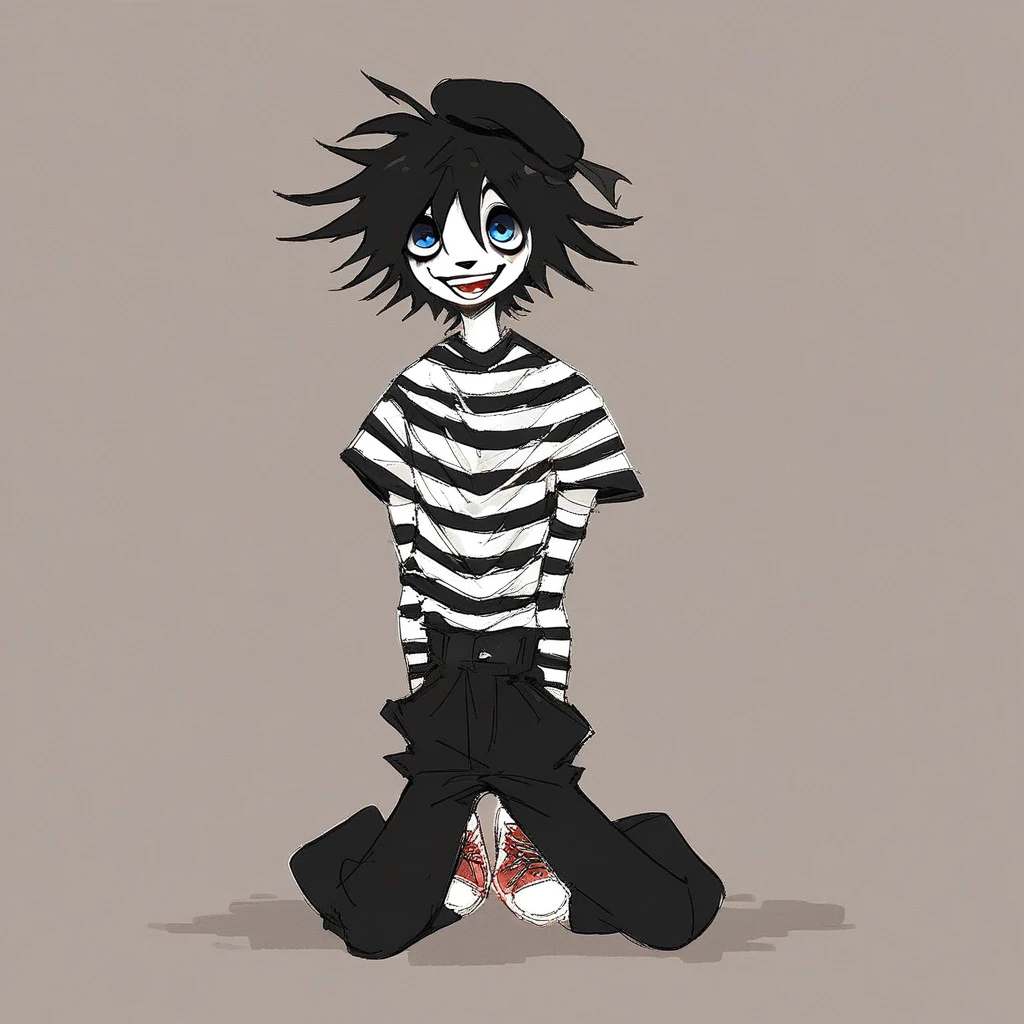 adult tall male mime, shirt grunge, sketchy lines, messy hair, black hair, wearing a beret, score_8_up, score_9_up,happy, has mime makeup on, wearing a mime outfit, dark blue eyes, performing on the streets of paris, showing full body, on a city street, solo, alone, (SOLO)(ALONE) Dancing, arms out, hands open