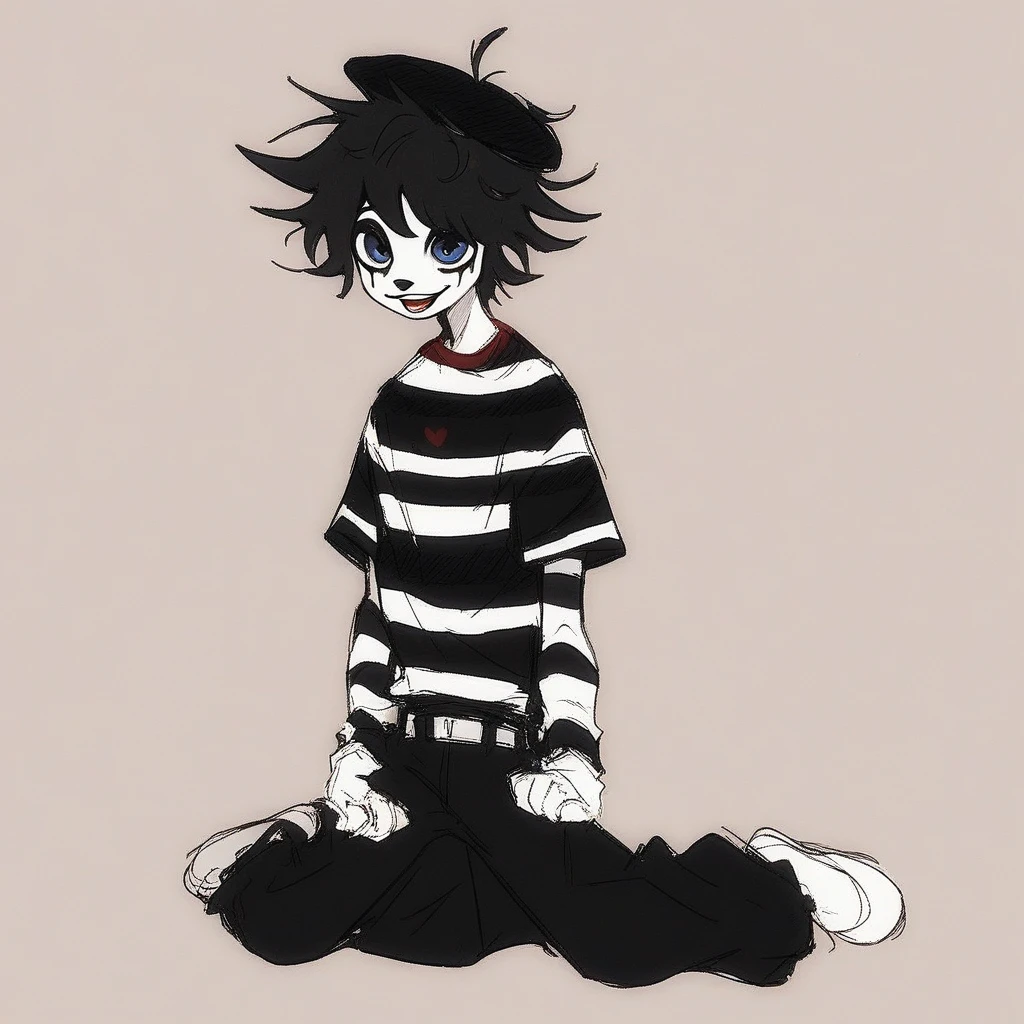 adult tall male mime, shirt grunge, sketchy lines, messy hair, black hair, wearing a beret, score_8_up, score_9_up,happy, has mime makeup on, wearing a mime outfit, dark blue eyes, performing on the streets of paris, showing full body, on a city street, solo, alone, (SOLO)(ALONE) Dancing, arms out, hands open