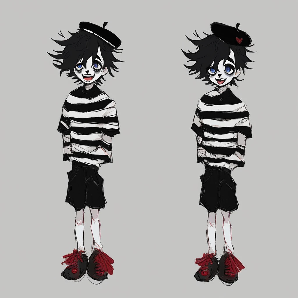 adult tall male mime, shirt grunge, sketchy lines, messy hair, black hair, wearing a beret, score_8_up, score_9_up,happy, has mime makeup on, wearing a mime outfit, dark blue eyes, performing on the streets of paris, showing full body, on a city street, solo, alone, (SOLO)(ALONE) Dancing, arms out, hands open