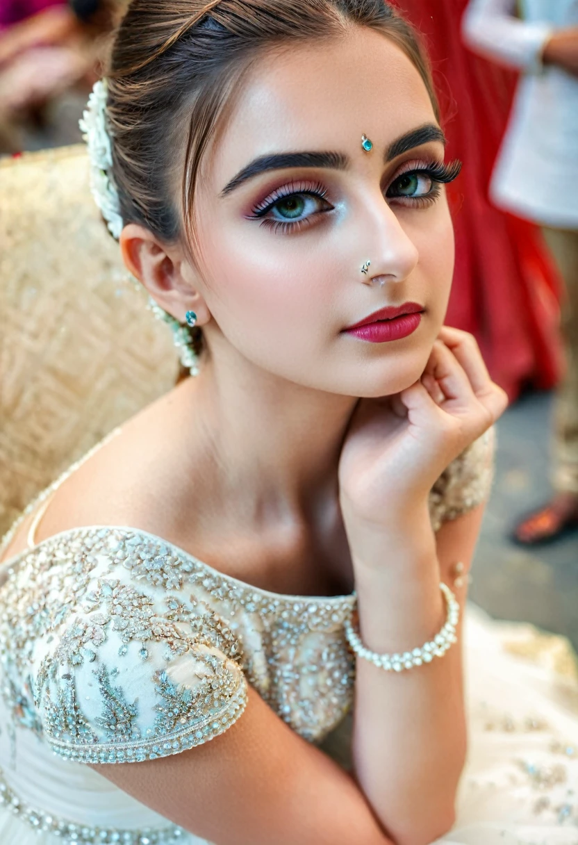 1girl, detailed face and , beautiful detailed nose, eyelashes, white skin, indian ethnicity, , white dress, sittingpose, looking at camera, (best quality,4k,8k,highres,masterpiece:1.2),ultra-detailed,(realisic, photo-realistic:1.37),HDR cool color tones
