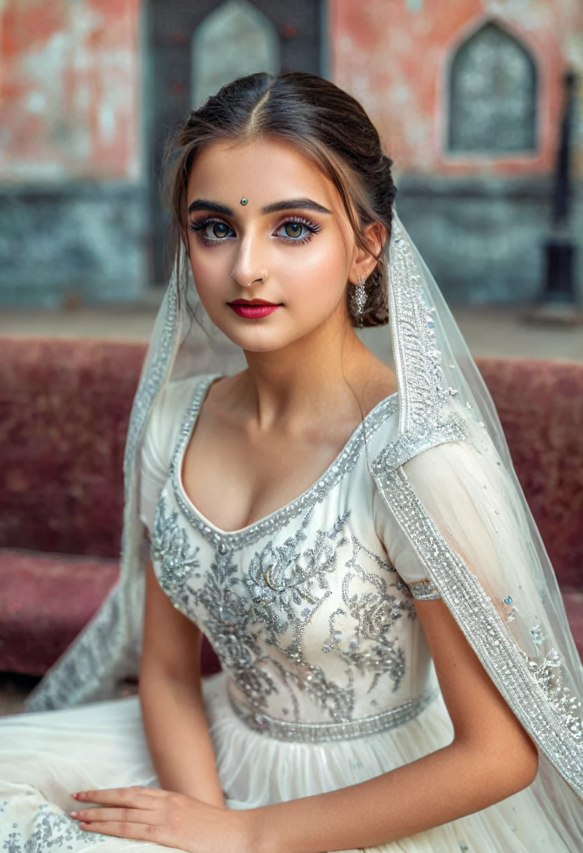 1girl, detailed face and ,  beautiful detailed nose, eyelashes, white skin, indian ethnicity, , white dress, sittingpose, looking at camera, (best quality,4k,8k,highres,masterpiece:1.2),ultra-detailed,(realisic, photo-realistic:1.37),HDR cool color tones