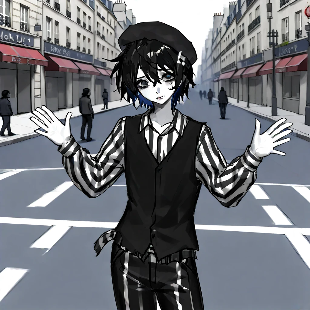 adult tall male mime, shirt grunge, sketchy lines, messy hair, black hair, wearing a beret, score_8_up, score_9_up,happy, has mime makeup on, wearing a mime outfit, dark blue eyes, performing on the streets of paris, showing full body, on a city street, solo, alone, (SOLO)(ALONE) Dancing, arms out, hands open