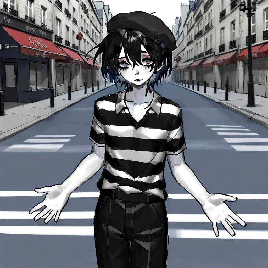 adult tall male mime, shirt grunge, sketchy lines, messy hair, black hair, wearing a beret, score_8_up, score_9_up,happy, has mime makeup on, wearing a mime outfit, dark blue eyes, performing on the streets of paris, showing full body, on a city street, solo, alone, (SOLO)(ALONE) Dancing, arms out, hands open