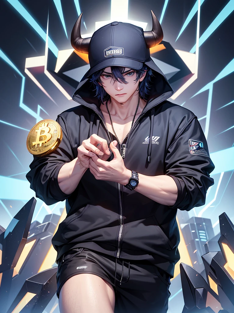 Cyber bull holding bitcoin in his hand