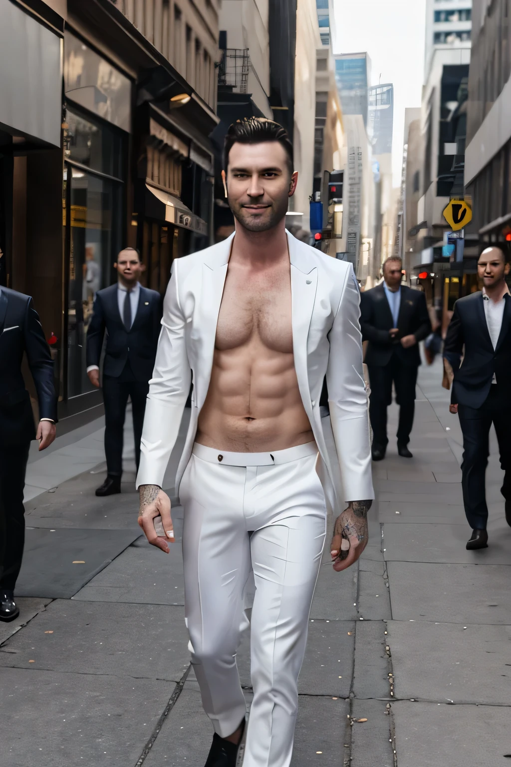 Adam levine is walking shirtless in a paded suit on a City Street. He got attention. He smile. He just wear the paded suit with no Shirt inside.