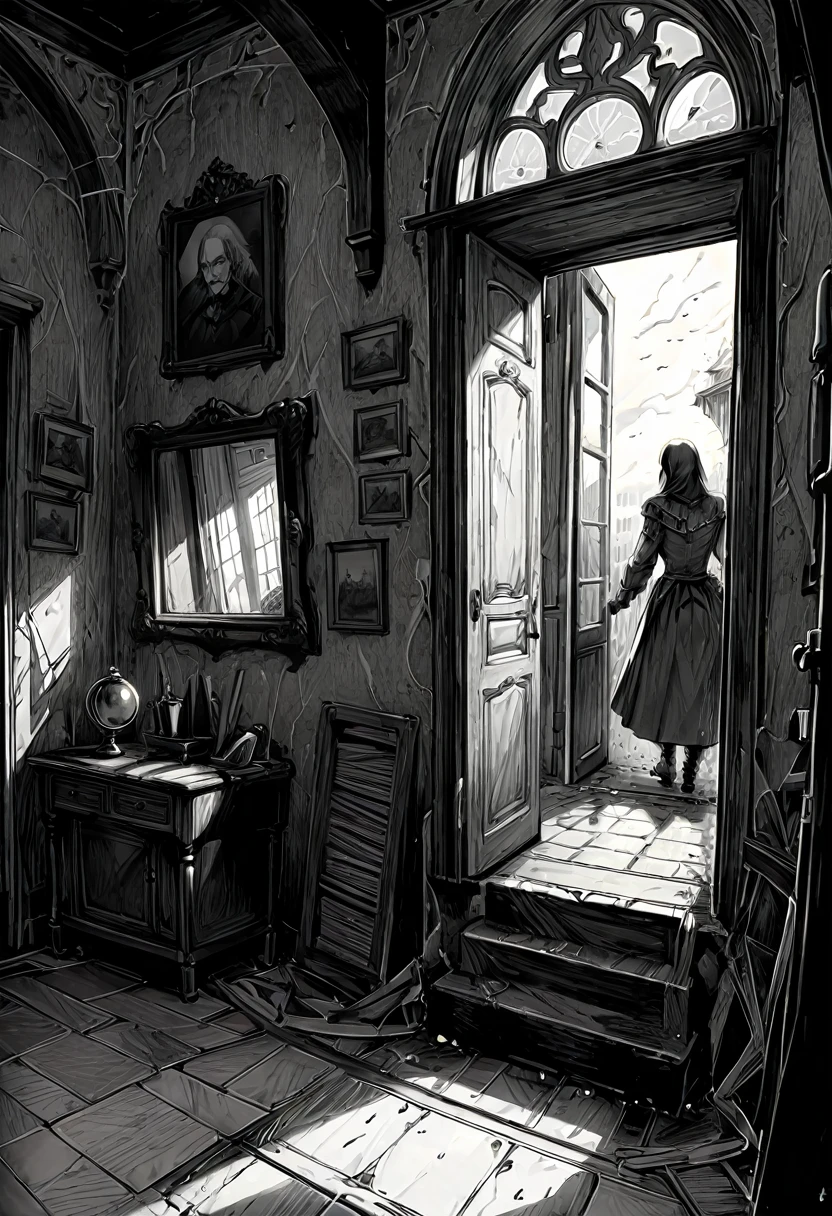 Illustration néo-gothique d'un vieux manoir . Le dessin, done entirely in pencil in a comic book style, captures the intensity and disorder of the moment with detailed and expressive lines. very detailed