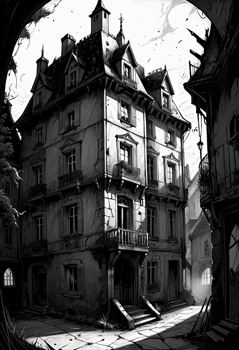 Illustration néo-gothique d'un vieux manoir . Le dessin, done entirely in pencil in a comic book style, captures the intensity and disorder of the moment with detailed and expressive lines. very detailed